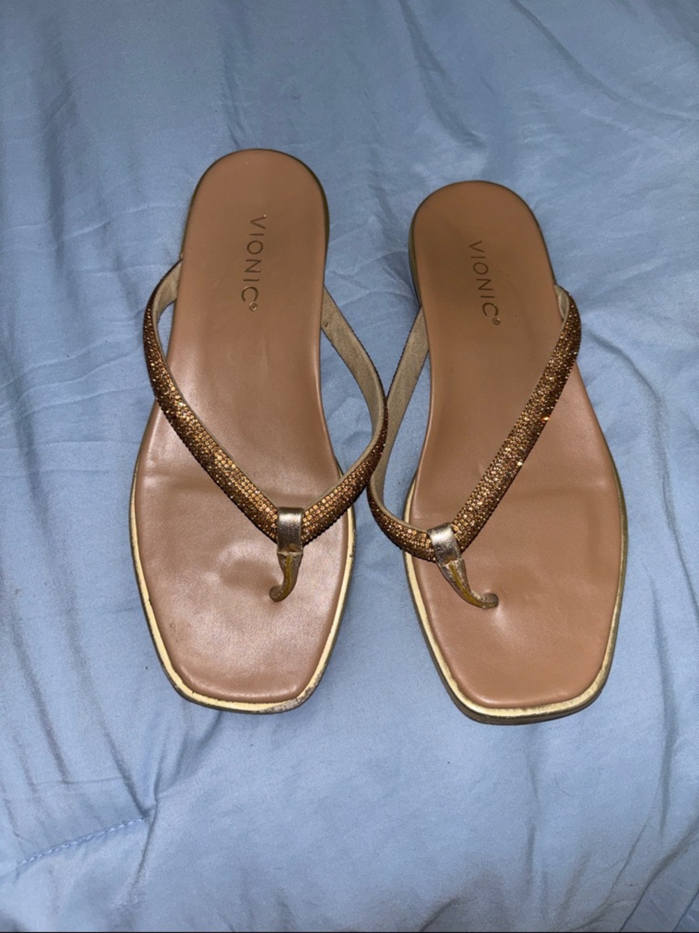 Vionic Tan Brown Metallic Thong Sandals with Gold rhinestone Trim 8
